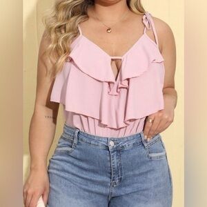 Pink ruffle deep v neck sleeveless tie strap women’s bodysuit - size medium NWOT